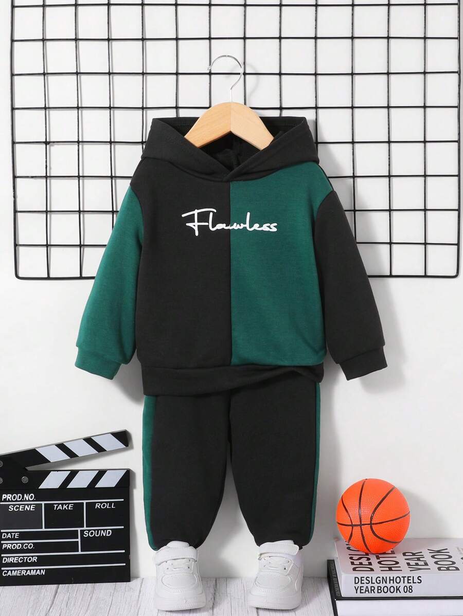 SHEIN Baby Boy Letter Graphic Two Tone Hoodie & Sweatpants - Multicolor - View 1