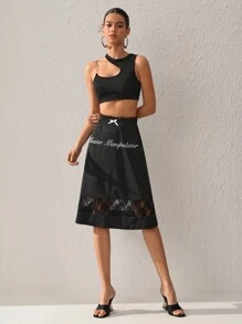 HUR 设计师女式字母印花撞色蕾丝优雅裙子，适合节日、派对、感恩节、度假、新年前夜、情人节、节日 - 黑色 - 查看 4