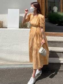 DAZY 女士短袖圆领碎花连衣裙田园风连衣裙吊带裙度假装 - 亮橙色 - 查看 5