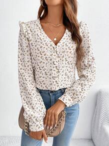 SHEIN Frenchy Cottagecore V領花卉印花上衣,肩部襱邊妖精裝夏季上衣情人節上衣 - 棕色 - 查看 4