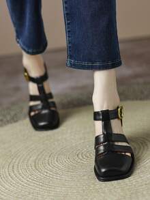 女士黑色透切粗跟t型復古正方形拖鞋時尚高跟鞋 - 黑色 - 查看 3