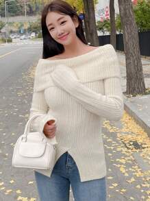 DAZY Của phụ nữ Màu thuần Off Shoulder Áo len - trắng - Xem 3