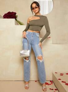 SHEIN BAE 女士不对称领口镂空长袖 T 恤 - 軍綠色 - 查看 4