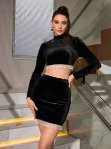 Zolique 2入組珍珠流蘇裝飾絲絨套裝 - 黑色 - 查看 7