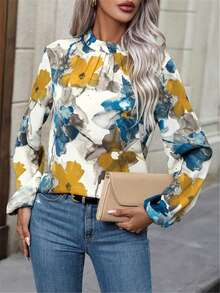 女士花卉印花灯笼袖优雅衬衫，长袖秋季 - 白色 - 查看 5