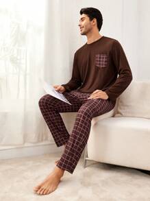 男士口袋t恤和格紋褲家居套裝 - 彩色 - 查看 1