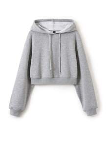 SHEIN Artist Women's Solid Color Long Sleeve Drawstring Cropped Hooded Sweatshirt, Casual Cotton, For Holiday, Vacation, Spring, Festival, Workout, Ibiza Fits, Western Wear