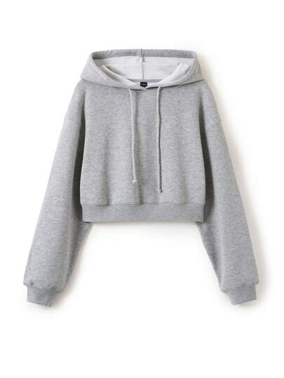 SHEIN Artist Women's Solid Color Long Sleeve Drawstring Cropped Hooded Sweatshirt, Casual Cotton, For Holiday, Vacation, Spring, Festival, Workout, Ibiza Fits, Western Wear