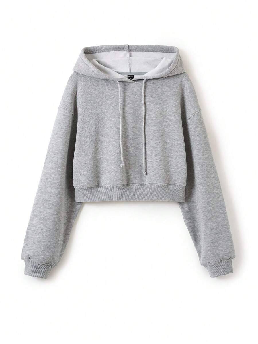 SHEIN Artist Women's Solid Color Long Sleeve Drawstring Cropped Hooded Sweatshirt, Casual Cotton, For Holiday, Vacation, Spring, Festival, Workout, Ibiza Fits, Western Wear