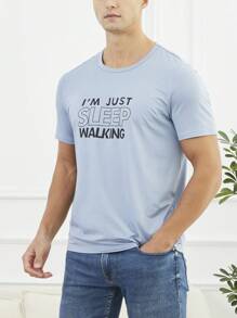 Men's Slogan Printed Homewear Top - Blue - View 4