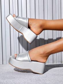 SheIn SXY 女士懶人拖鞋,露趾設計,透氣,厚底楔形跟,夏季款 - 銀色 - 查看 2