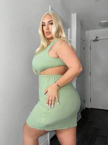 SHEIN SXY 大尺寸純色鏤空腰部連身裙 - 薄荷綠 - 查看 3