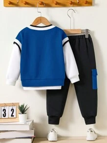 年轻男孩休闲运动衫和背心上衣配拼色贴袋裤子套装 - 彩色 - 查看 2