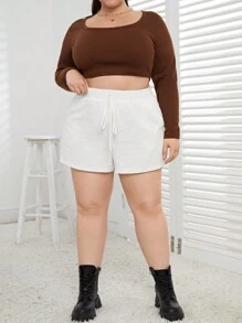 SHEIN Essnce 女士加大尺碼寬腿白色短褲,適用於度假,白色面料 - 白色 - 查看 5