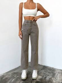 EURMUSE Women'S Straight-Leg Jeans With Washed Denim - Grey - View 1