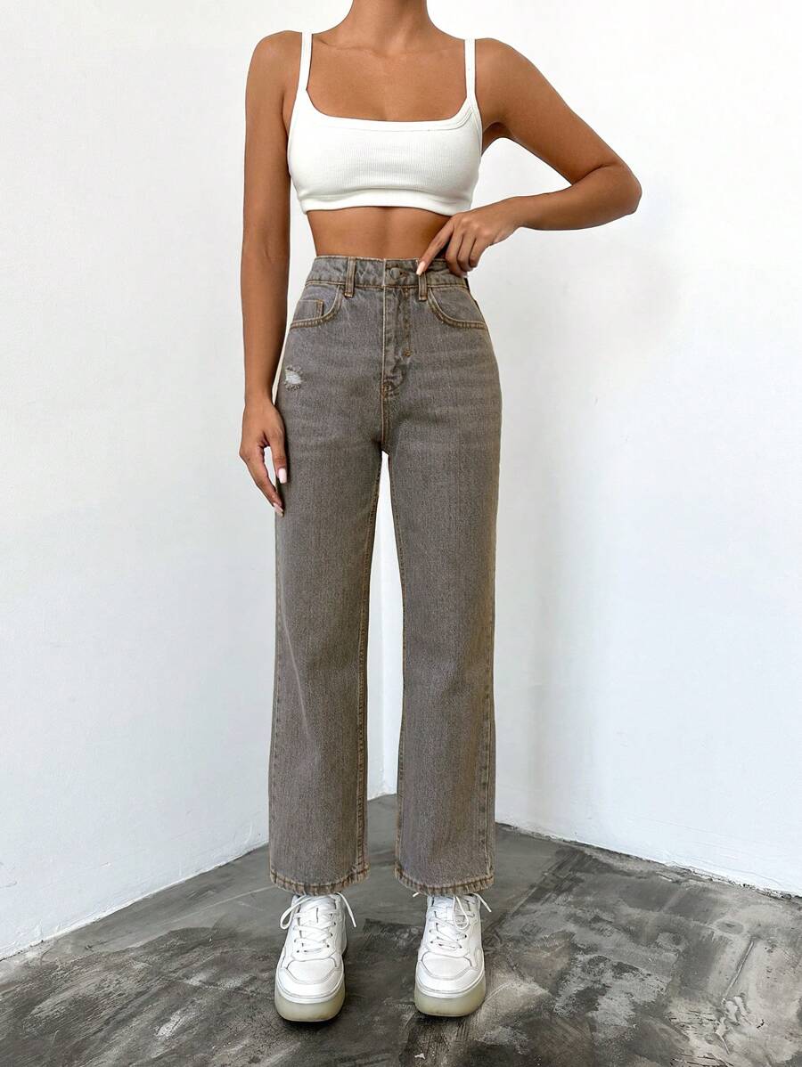 EURMUSE Women'S Straight-Leg Jeans With Washed Denim - Grey - View 1