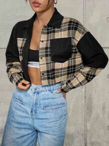 SHEIN EZwear Ladies' Plaid Patchwork Cropped Shirt - Black - View 7
