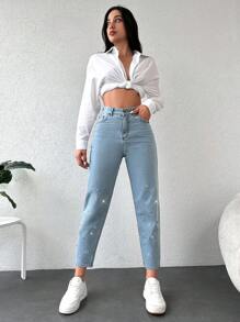 EURMUSE Rhinestone Detail Mom Fit Jeans - Medium Wash - View 3