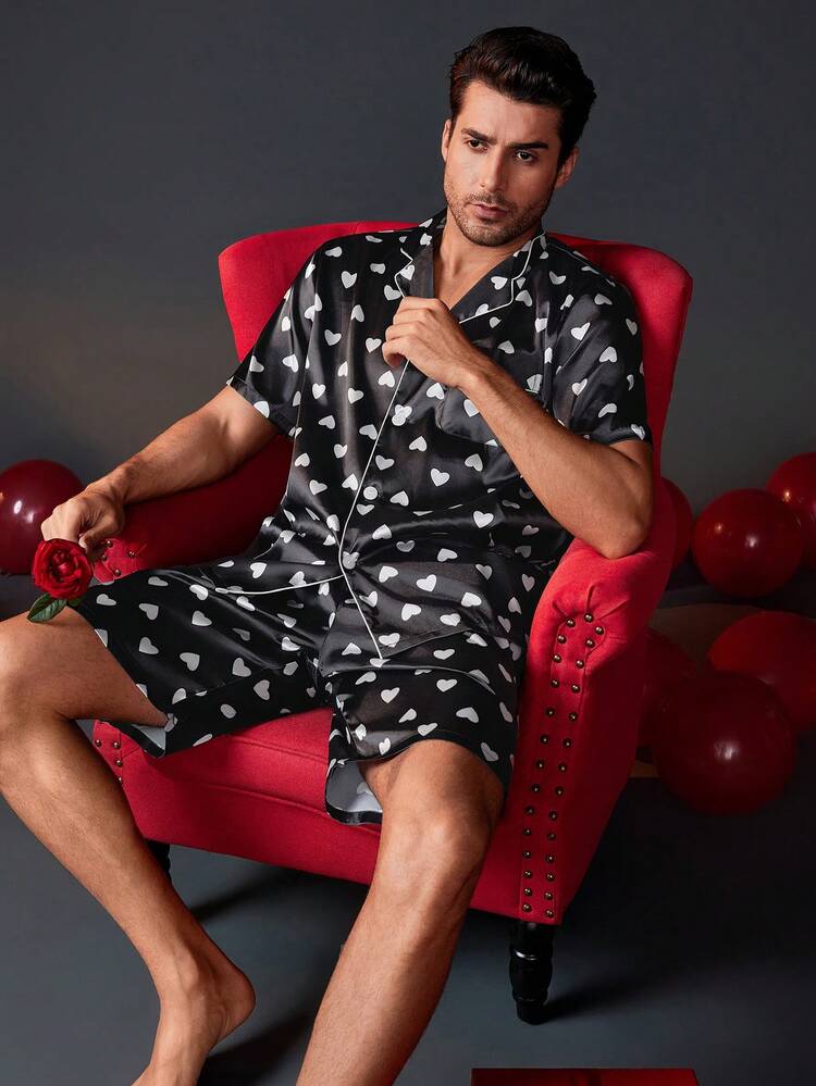 Valentine's Day Men Heart Print Buttoned Short Sleeve Top And Shorts Loungewear Set