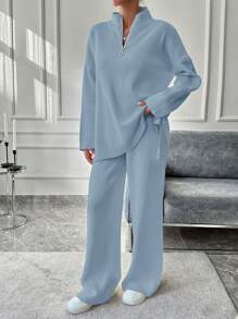 EURMUSE Women's Half-Zip Pullover Sweater And Knitted Pants Set With Zip Fly - Baby Blue - View 3