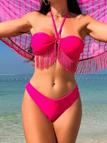 SHEIN Swim Fringe Decor Halter Bikini Set And Mesh Swimwear Cover-Up Skirt Valentine Summer - Hot Pink - View 3