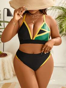 SHEIN Slayr CURVE Summer Beach Plus Size Women's Color Block Cross Back Bikini Set - Multicolor - View 1