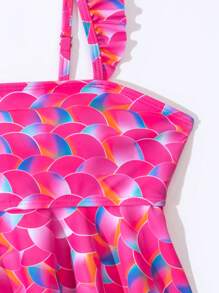3pcs/Set Teen Girls' Lovely Mermaid Scale Print Ruffle Edge Cami Bikini With Halter Neck For Beach Party - Hot Pink - View 3