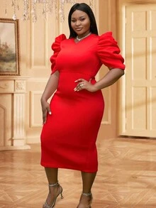 Plus Puff Sleeve Split Back Bodycon Dress - Red - View 4