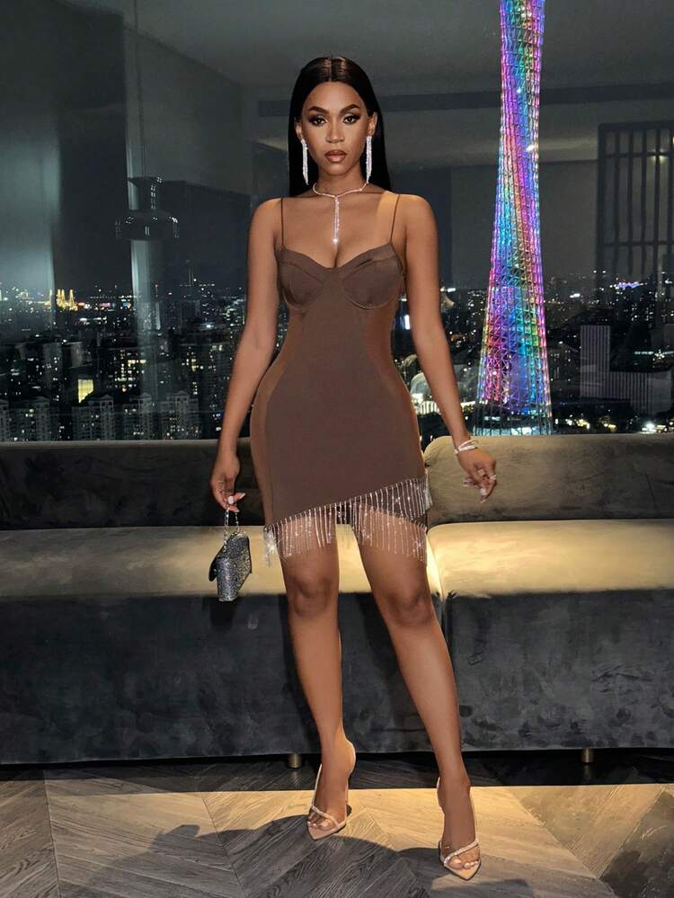 Rhinestone & Tassel Hem Design Spaghetti Strap Dress