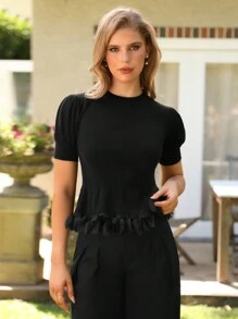 Anewsta 女式泡泡袖針織上衣,花瓣裝飾下擺 - 黑色 - 查看 1