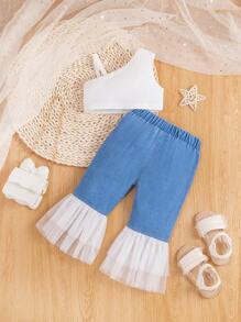 SHEIN 2pcs/Set Baby Girls' Bow Knot White Cami Top And Light Washed Ripped Double-Layers Tulle Denim Pants For Spring/Summer