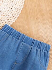 SHEIN 2pcs/Set Baby Girls' Bow Knot White Cami Top And Light Washed Ripped Double-Layers Tulle Denim Pants For Spring/Summer