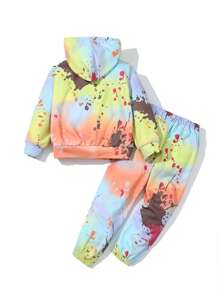 SHEIN Conjunto de sudadera con capucha y pantalón de chándal casual y cómodo con estampado gráfico para niños pequeños, forrado térmico y engrosado