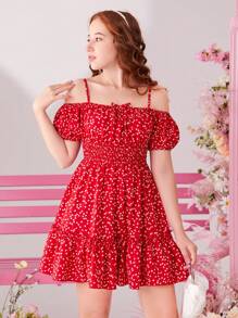 SHEIN Vestido casual de hombros descubiertos para niñas adolescentes con patrón de corazón en miniatura tejido y tirantes ligeramente ajustables - Rojo - Ver 3