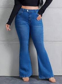 RueChic Women's Plus Size Bell Bottom Jeans - Dark Wash - View 1