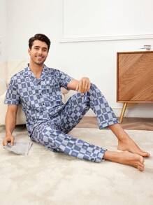 Men's Gentleman Style Blue Plaid Lapel Short Sleeve Button Front Pajama Set With Slight Stretch Fabric - Blue - View 1