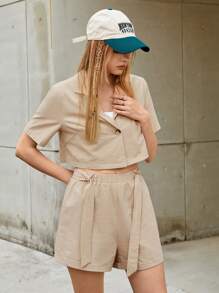 SHEIN EZwear Ladies' Khaki Color Weave Short Sleeves Suit Jacket And Shorts Set - Khaki - View 3