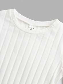 SHEIN Tween Girl Knitted Ribbed Solid Round Neck Casual T-Shirt 3pcs/Pack - Watermelon Pink - View 3