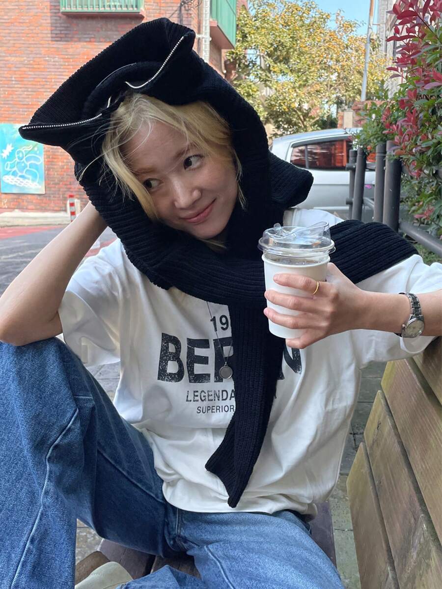 DAZY Của phụ nữ Vòng cổ Lỏng lẻo phù hợp In Áo thun - trắng - Xem 1