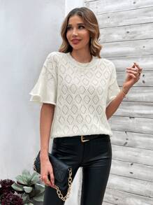 SHEIN Clasi Lolita Style Short Sleeve Round Neck Knitted Top With Hollow Out Detail - White - View 6