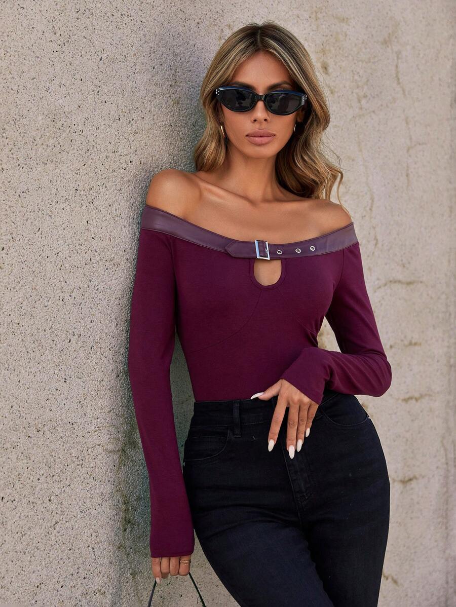 Aveloria Off-Shoulder Long Sleeve T-Shirt - Redwood - View 1