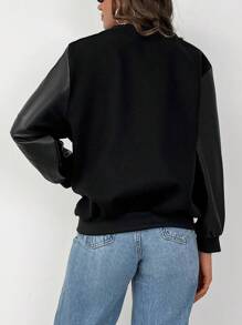 EURMUSE Women's Baseball Collar Patchwork Fabric Jacket - Black - View 2