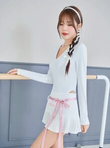 SHEINNeu Balletcore Süßer Schleifen Bow V-ausschnitt Body Und Faltenrock Frühlingszweiteiler Frühlingsmode Für Frauen - Weiss - Übersicht 5