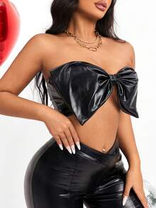 SHEIN Clasi Women's Bowknot Detail Ultra Short Tube Top - Black - View 6