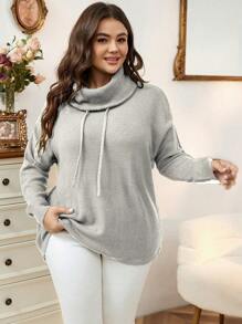 SHEIN LUNE Áo len nữ cỡ lớn cổ cao vai rớt, kiểu dáng chui đầu, thích hợp cho mùa thu đông. - Xám - Xem 3