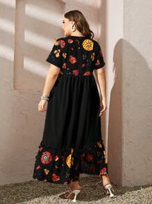 Al Najma Plus Size Random Print Short Sleeve Dress Maxi Women Outfit - Black - View 2