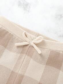 Infant Short Sleeve Knit Top And Plaid Knit Pants Set - Apricot - View 4