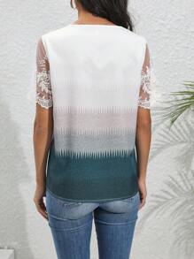 EMERY ROSE Color Block Asymmetric Collar Shirt With Lace Patchwork - Multicolor - View 2