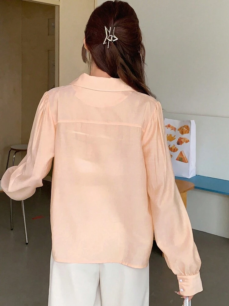 Ladies' Plain Turn-Down Collar Long Sleeve Loose Fit Shirt