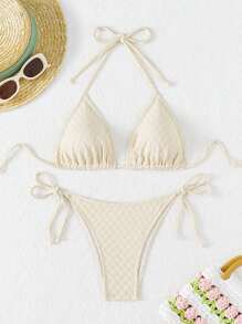 SHEIN Swim 夏季女士三角比基尼套装纯色圆点面料和肩带音乐节 - 白色 - 查看 6